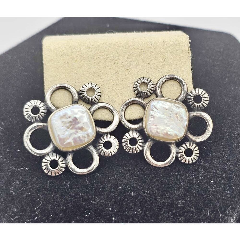 Vintage Sterling Silver and Mother of Pearl Cabochon CFJ 925 Pierced Earrings